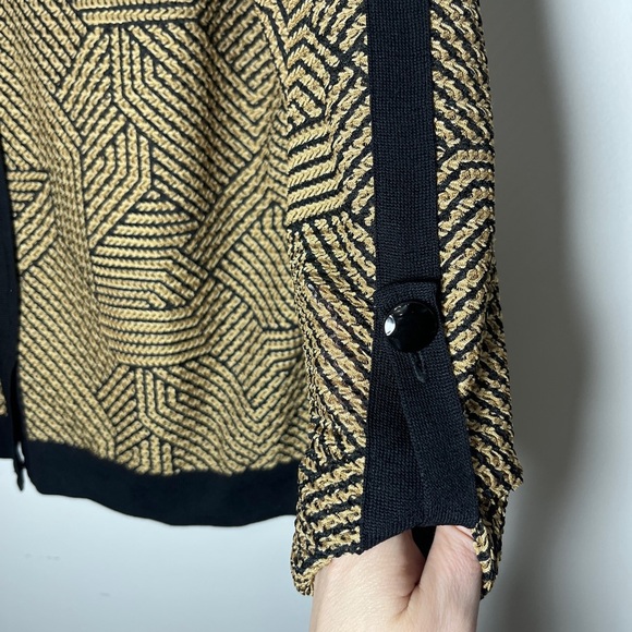 Misook Tan Black Geometric Print Snap Jacket Sz Small Lightweight Open Weave - Picture 3 of 8